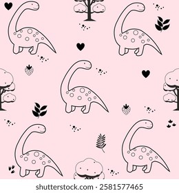 Pink Dino seamless pattern background. Cute Dinosaurs illustration pattern. Cartoon Dinosaurs background. Perfect for fashion clothes, shirt, fabrics, textiles, wallpaper, decor, print, packaging.