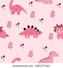 Pink Dino seamless pattern background. Cute Dinosaurs illustration pattern. Cartoon Dinosaurs background. Perfect for fashion clothes, shirt, fabrics, textiles, wallpaper, decor, print, packaging.