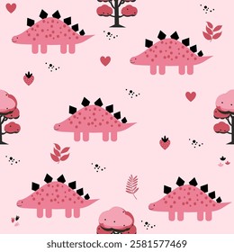 Pink Dino seamless pattern background. Cute Dinosaurs illustration pattern. Cartoon Dinosaurs background. Perfect for fashion clothes, shirt, fabrics, textiles, wallpaper, decor, print, packaging.