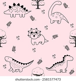 Pink Dino seamless pattern background. Cute Dinosaurs illustration pattern. Cartoon Dinosaurs background. Perfect for fashion clothes, shirt, fabrics, textiles, wallpaper, decor, print, packaging.