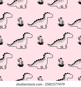 Pink Dino seamless pattern background. Cute Dinosaurs illustration pattern. Cartoon Dinosaurs background. Perfect for fashion clothes, shirt, fabrics, textiles, wallpaper, decor, print, packaging.