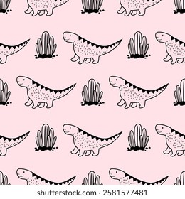 Pink Dino seamless pattern background. Cute Dinosaurs illustration pattern. Cartoon Dinosaurs background. Perfect for fashion clothes, shirt, fabrics, textiles, wallpaper, decor, print, packaging.