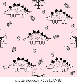 Pink Dino seamless pattern background. Cute Dinosaurs illustration pattern. Cartoon Dinosaurs background. Perfect for fashion clothes, shirt, fabrics, textiles, wallpaper, decor, print, packaging.