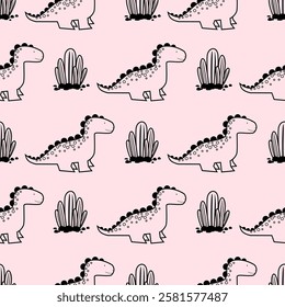 Pink Dino seamless pattern background. Cute Dinosaurs illustration pattern. Cartoon Dinosaurs background. Perfect for fashion clothes, shirt, fabrics, textiles, wallpaper, decor, print, packaging.