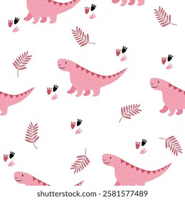 Pink Dino seamless pattern background. Cute Dinosaurs illustration pattern. Cartoon Dinosaurs background. Perfect for fashion clothes, shirt, fabrics, textiles, wallpaper, decor, print, packaging.