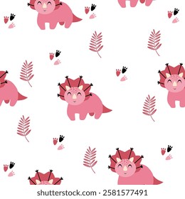 Pink Dino seamless pattern background. Cute Dinosaurs illustration pattern. Cartoon Dinosaurs background. Perfect for fashion clothes, shirt, fabrics, textiles, wallpaper, decor, print, packaging.