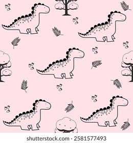 Pink Dino seamless pattern background. Cute Dinosaurs illustration pattern. Cartoon Dinosaurs background. Perfect for fashion clothes, shirt, fabrics, textiles, wallpaper, decor, print, packaging.