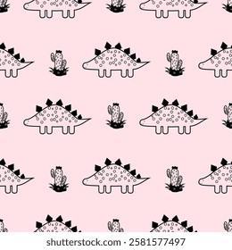 Pink Dino seamless pattern background. Cute Dinosaurs illustration pattern. Cartoon Dinosaurs background. Perfect for fashion clothes, shirt, fabrics, textiles, wallpaper, decor, print, packaging.