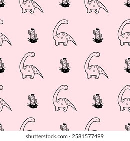 Pink Dino seamless pattern background. Cute Dinosaurs illustration pattern. Cartoon Dinosaurs background. Perfect for fashion clothes, shirt, fabrics, textiles, wallpaper, decor, print, packaging.