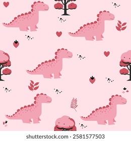 Pink Dino seamless pattern background. Cute Dinosaurs illustration pattern. Cartoon Dinosaurs background. Perfect for fashion clothes, shirt, fabrics, textiles, wallpaper, decor, print, packaging.