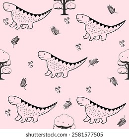 Pink Dino seamless pattern background. Cute Dinosaurs illustration pattern. Cartoon Dinosaurs background. Perfect for fashion clothes, shirt, fabrics, textiles, wallpaper, decor, print, packaging.