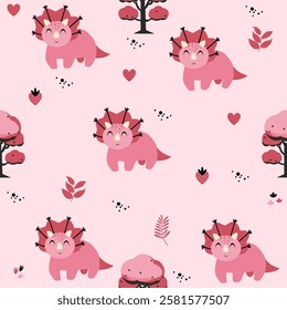 Pink Dino seamless pattern background. Cute Dinosaurs illustration pattern. Cartoon Dinosaurs background. Perfect for fashion clothes, shirt, fabrics, textiles, wallpaper, decor, print, packaging.