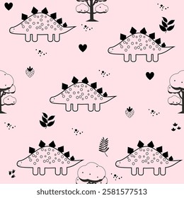 Pink Dino seamless pattern background. Cute Dinosaurs illustration pattern. Cartoon Dinosaurs background. Perfect for fashion clothes, shirt, fabrics, textiles, wallpaper, decor, print, packaging.