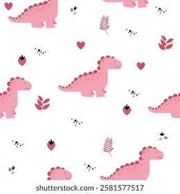 Pink Dino seamless pattern background. Cute Dinosaurs illustration pattern. Cartoon Dinosaurs background. Perfect for fashion clothes, shirt, fabrics, textiles, wallpaper, decor, print, packaging.