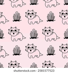 Pink Dino seamless pattern background. Cute Dinosaurs illustration pattern. Cartoon Dinosaurs background. Perfect for fashion clothes, shirt, fabrics, textiles, wallpaper, decor, print, packaging.