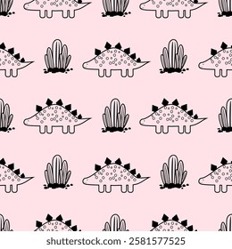 Pink Dino seamless pattern background. Cute Dinosaurs illustration pattern. Cartoon Dinosaurs background. Perfect for fashion clothes, shirt, fabrics, textiles, wallpaper, decor, print, packaging.