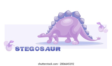 Pink Dino. Stegosaur with babies sitting in eggs. Cute dinosaur vector drawing for print. Poster is in place for the text. Vector illustration