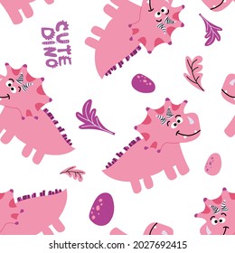 Pink dino triceratops in seamless pattern