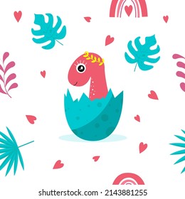 Pink dinosaur. baby in eggshell among tropical leaves. Seamless pattern. Children's birthday, holiday packaging, children's print textiles. vector kids poster