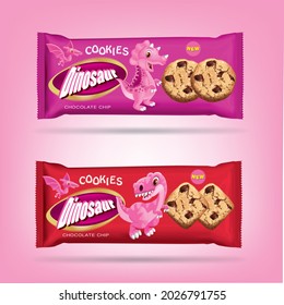 Pink dinosaur brand cookie packaging design.illustration vector