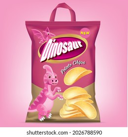 Pink dinosaur brand potato chips packaging design.illustration vector