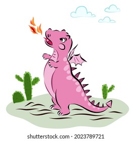 Pink Dinosaur cartoon character vector illustration drawing, angry huge baby Dino fire breathing,  standing on green grass lawn beside green cactus plant under blue clouds