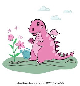 Pink Dinosaur cartoon character vector illustration drawing, happy huge baby Dino sitting on green grass lawn beside pink flower plant, butterfly and watering can under blue clouds