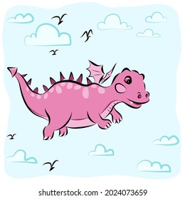 Pink Dinosaur cartoon character vector illustration drawing, happy huge baby Dino flying with black bird on blue cloud sky 
