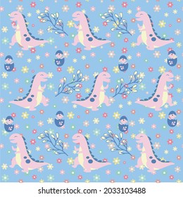 pink dinosaur cheerful expression and cute baby among the flowers of many colors on a pastel blue background.