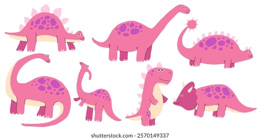 Pink Dinosaur cute set. Dino prehistoric animals like pterosaur and stegosaurus, brachiosaurus and pterosaur. Flat isolated illustration.