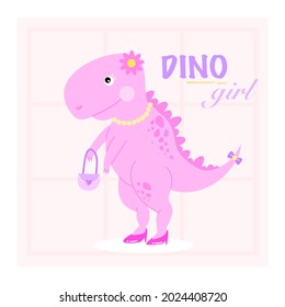 Pink dinosaur dressing with cute and sweet high heel, necklace and holding handbag. Dino girl standing and smiling happily for kid print, fabric print or book design. Flat vector illustration.