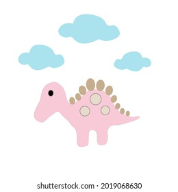 Pink Dinosaur girl with blue cloud on white background. Dinosaur baby girl cute. Print. Cool illustration for textiles, card, t-shirt and your business . Vector illustration.