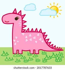 Pink dinosaur Line Icons design black. Hand drawn pink dinosaur. Drawing pink dinosaur, sketch. Vector illustration. Dinosaur and nature picture.