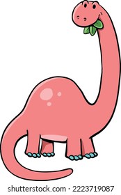 pink dinosaur with a long neck eats leaves