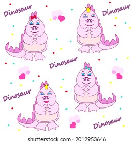 Pink Dinosaur  pattern for girl with dino, princess roar lettering text .Vector illustration on white background Kids animal apparel and wallpaper print, backdrop for textile and fabric. EPS10