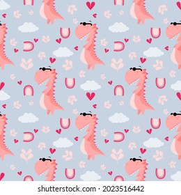 Pink dinosaur pattern vector illustration with sky color background. Design for fabric, wallpaper, wrapping, clothing and decoration.