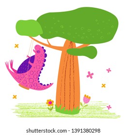 Pink dinosaur is riding on a swing. Cute animal. Vector background. Hand drawn illustration. Funny character for kids. Pencil texture. Happy dino.