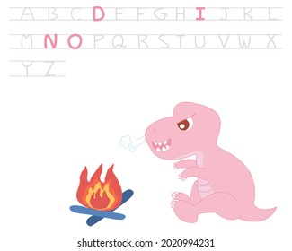 Pink dinosaur sit on the ground beside the fire in good mood on white background with English alphabet.