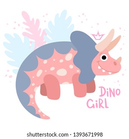 Pink dinosaur triceratops with a crown and hand lettering. Girl power concept. Dino girl flat hand drawn vector. Cute smiling character for kids book, games, posters.