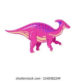 Pink dinosaur, vector illustration. Vector parasaurolophus illustration. Cute cartoon dinosaur. 