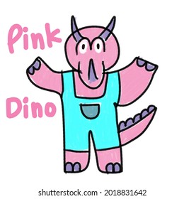 A pink dinosaur wearing a blue bib. Stand and raise your hand. Hand drawn cute dinosaur.