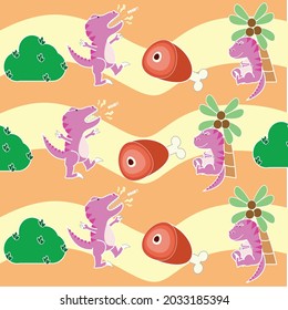 Pink dinosaur,Bush,Meat bone with dino sit under the Palm with orange background,Tyrannosaurus cute background,T-rex cartoon,carnivorous dinosaurs cartoon
