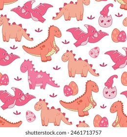 Pink dinosaurs nursery seamless pattern with cute doodles for wallpaper, textile prints, wrapping paper, stationary, scrapbooking, etc. EPS 10