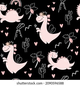 Pink dinosaurs on a black background seamless pattern. Vector illustration in scandinavian style for kids. T-shirt design, nursery art, greeting cards