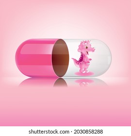 Pink dinosaurs are packaged in clear pink pill capsules.illustration vector