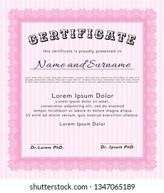 Pink Diploma. With background. Money Pattern design. Vector illustration. 