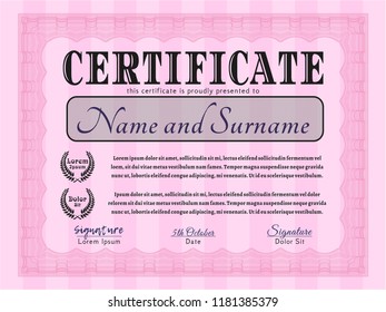 Pink Diploma. Beauty design. Detailed. With guilloche pattern and background. 