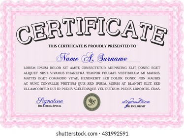 Pink Diploma. Border, frame. Excellent design. With background. 