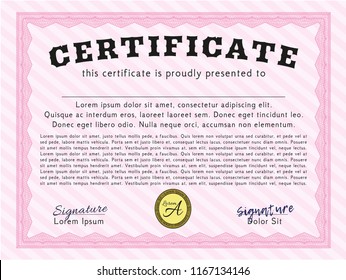 Pink Diploma or certificate template. With background. Cordial design. Customizable, Easy to edit and change colors. 