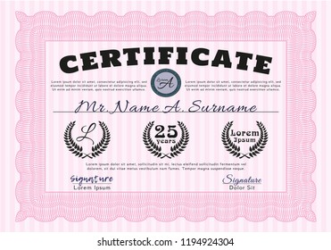 Pink Diploma or certificate template. With background. Money Pattern design. Customizable, Easy to edit and change colors. 